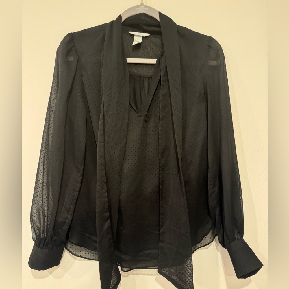 H&M black sheer chiffon polka dot bow tie long sleeve blouse